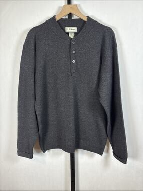 Vintage L.L. Bean Lambswool Sweater Mens Medium Gray Henley Neck Scotland Made‎